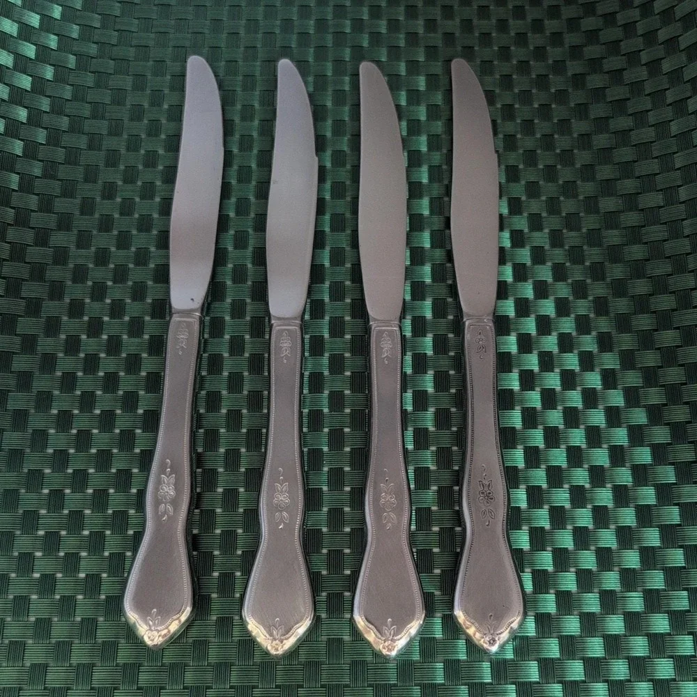 Oneida MORNING BLOSSOM Dinner Knives Set Lot of 4 Stainless Burnished Floral USA